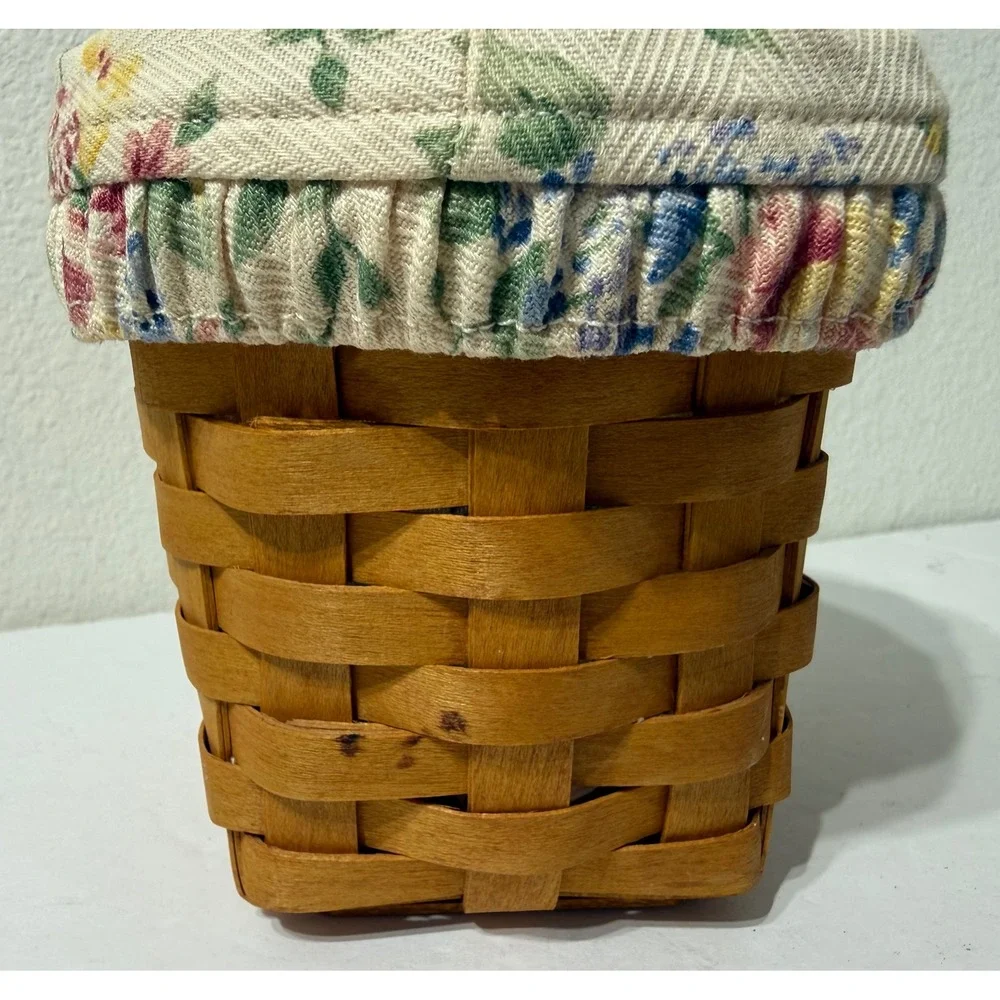 Longaberger 2003 Small Handmade Basket with Floral Fabric Liner Brown Woven Wood